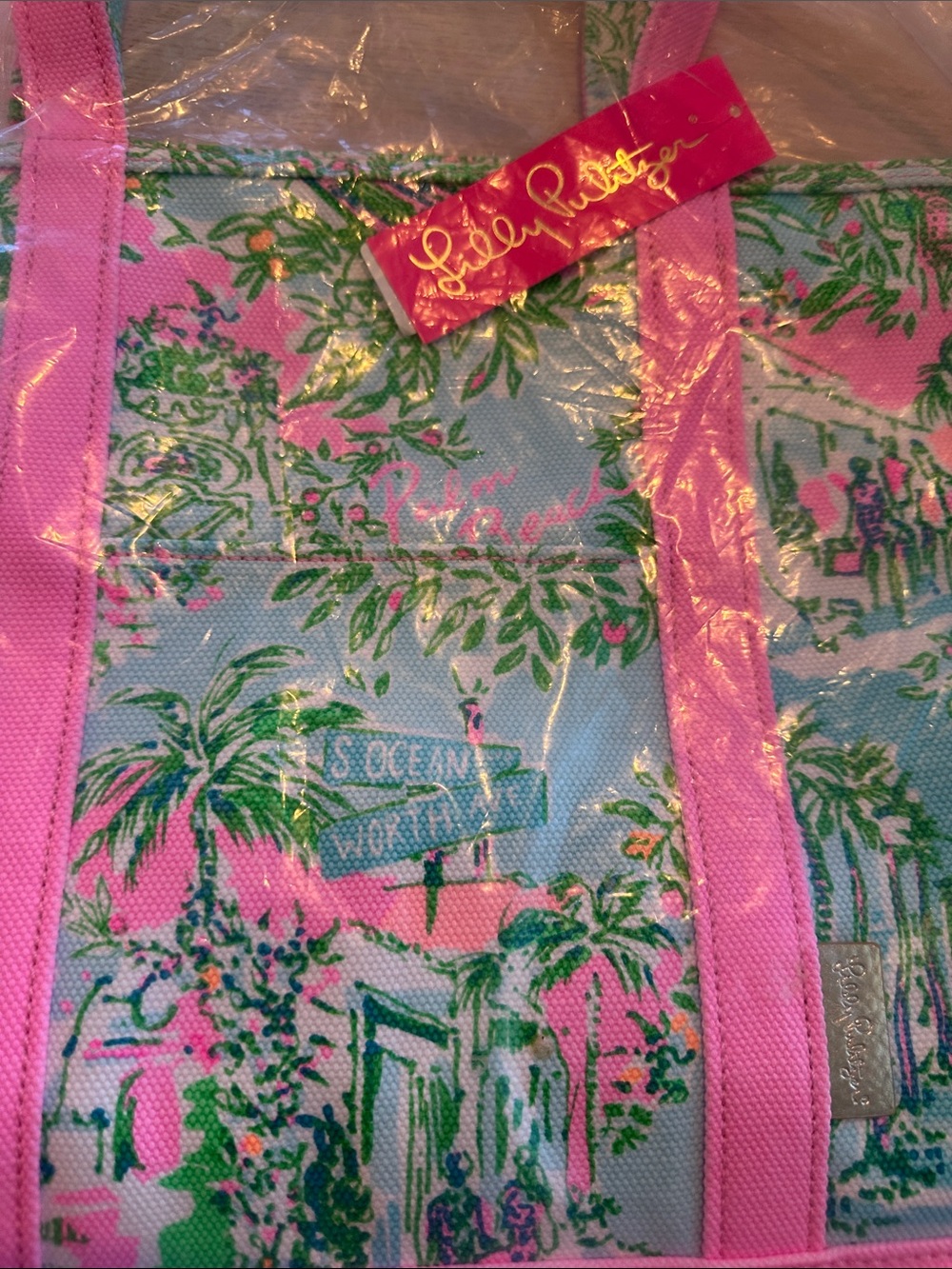 Lilly Pulitzer Mercato Tote Palm Beach Pink and Aqua Scenic Print Tote - Picture 4 of 7